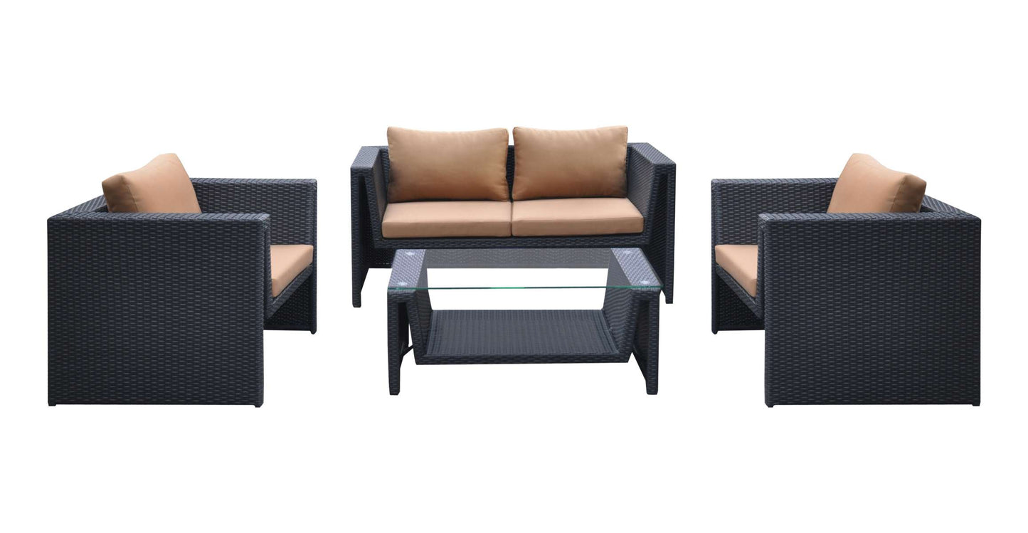 Oahu 4 piece Outdoor Wicker Patio Set with Brown Fabric Cushions and Temperated Glass Top By Armen Living | Outdoor Sofas, Loveseats & Sectionals |  Modishstore  - 2