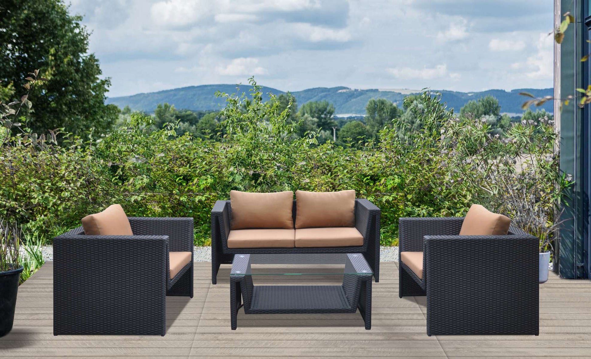 Oahu 4 piece Outdoor Wicker Patio Set with Brown Fabric Cushions and Temperated Glass Top By Armen Living | Outdoor Sofas, Loveseats & Sectionals |  Modishstore 