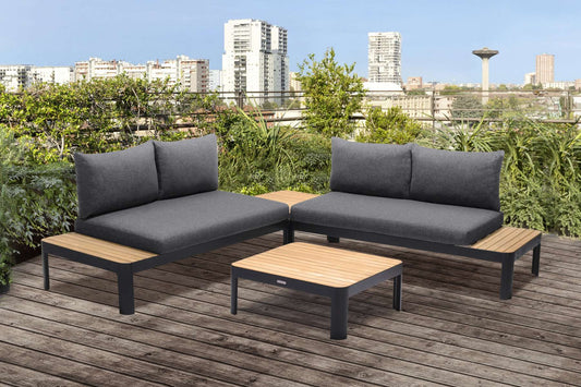 Portals Outdoor 4 Piece Sofa set in Black Finish with Natural Teak Wood Top Accent By Armen Living | Outdoor Sofas, Loveseats & Sectionals |  Modishstore 