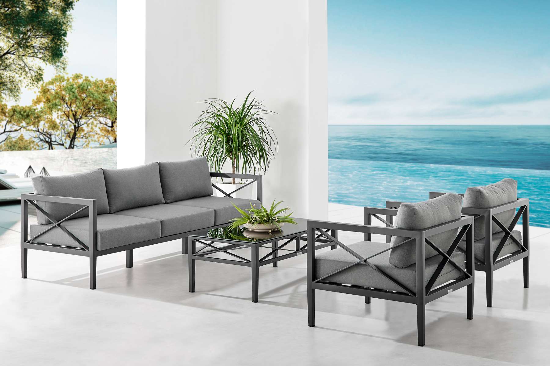 Sonoma Outdoor 4 piece Set in Dark Grey Finish and Dark Grey Cushions By Armen Living | Outdoor Sofas, Loveseats & Sectionals |  Modishstore 