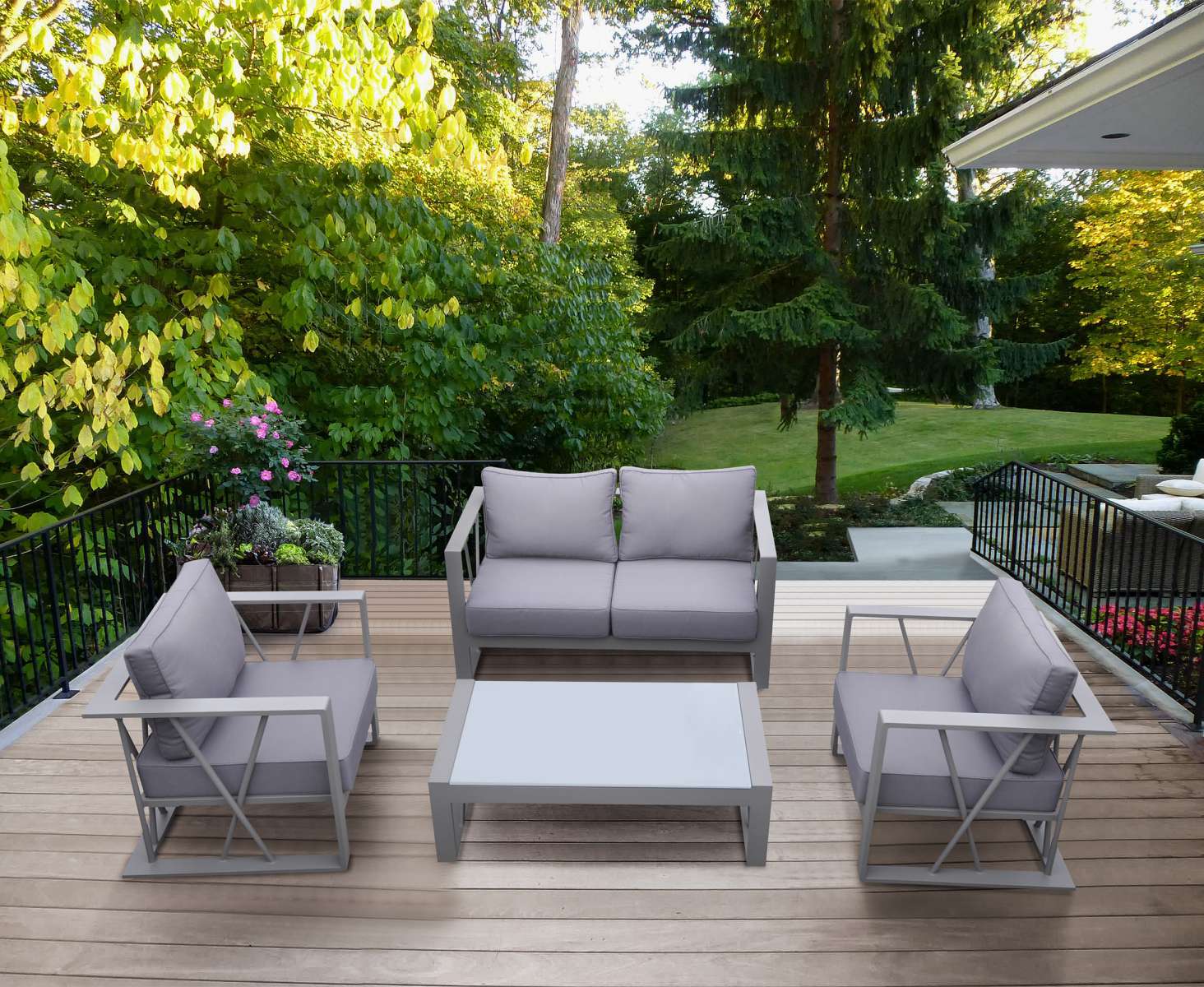 St Barts 4 piece Outdoor Patio Aluminum Set with Grey Fabric Cushions and White Glass Top By Armen Living | Outdoor Sofas, Loveseats & Sectionals |  Modishstore 