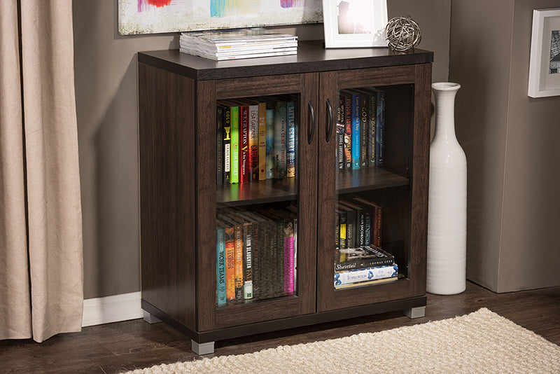 Baxton Studio Zentra Modern and Contemporary Dark Brown Sideboard Storage Cabinet with Glass Doors | Bookcases | Modishstore