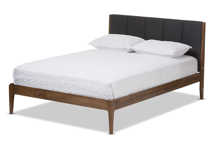 baxton studio leyton mid century light grey fabric and medium brown finish wood queen size platform bed | Modish Furniture Store-2