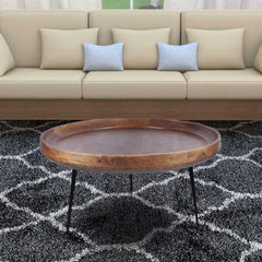 Round Mango Wood Coffee Table With Splayed Metal Legs, Brown And Black By Benzara