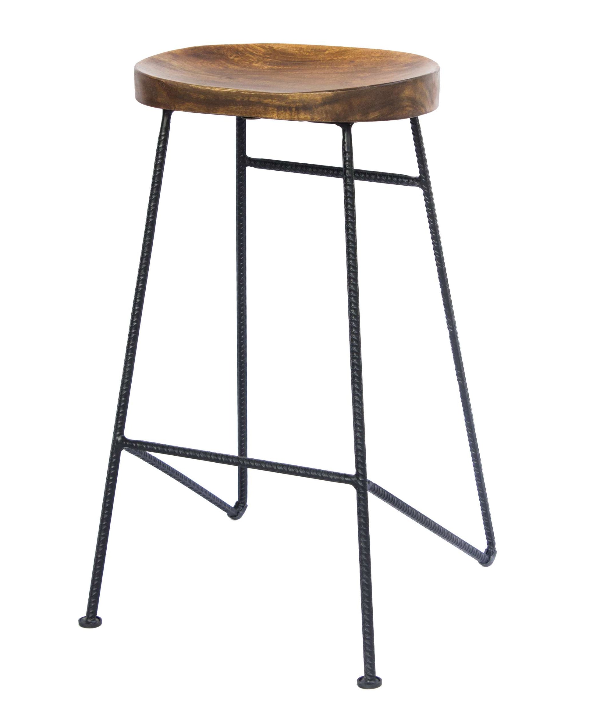 Mango Wood Saddle Seat Bar Stool With Iron Rod Legs, Brown And Black By Benzara | Bar Stools |  Modishstore  - 3