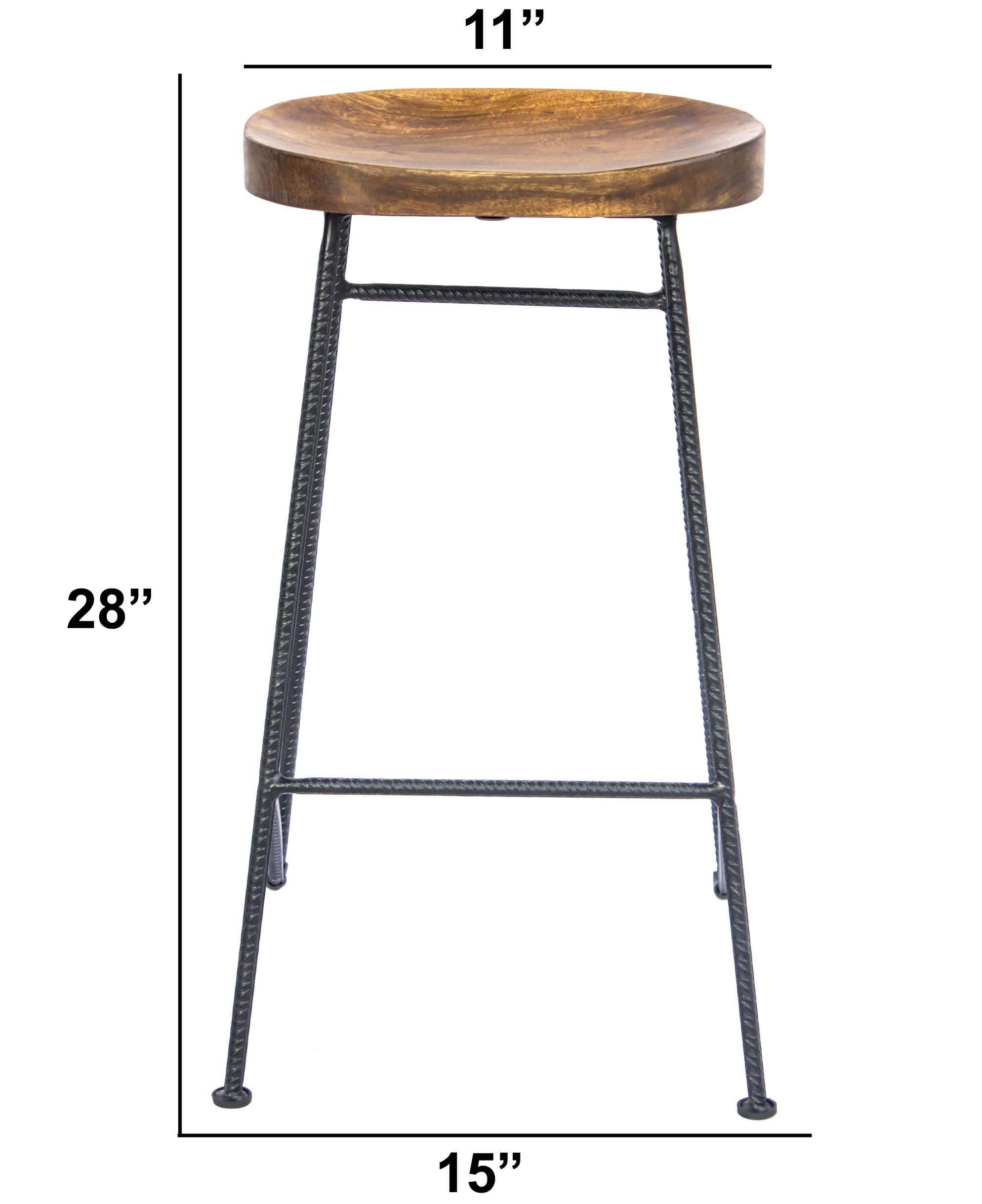 Mango Wood Saddle Seat Bar Stool With Iron Rod Legs Brown And