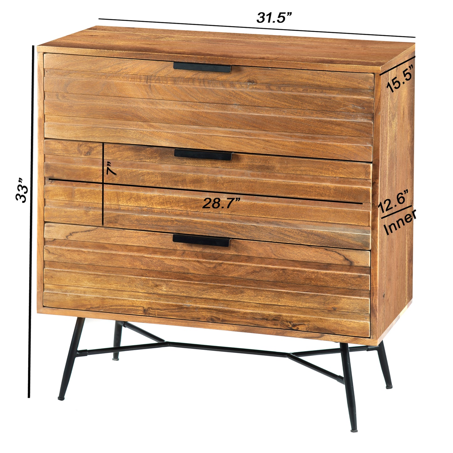 3 Drawer Wooden Chest With Slanted Metal Base, Brown And Black By Benzara | Cabinets |  Modishstore  - 3