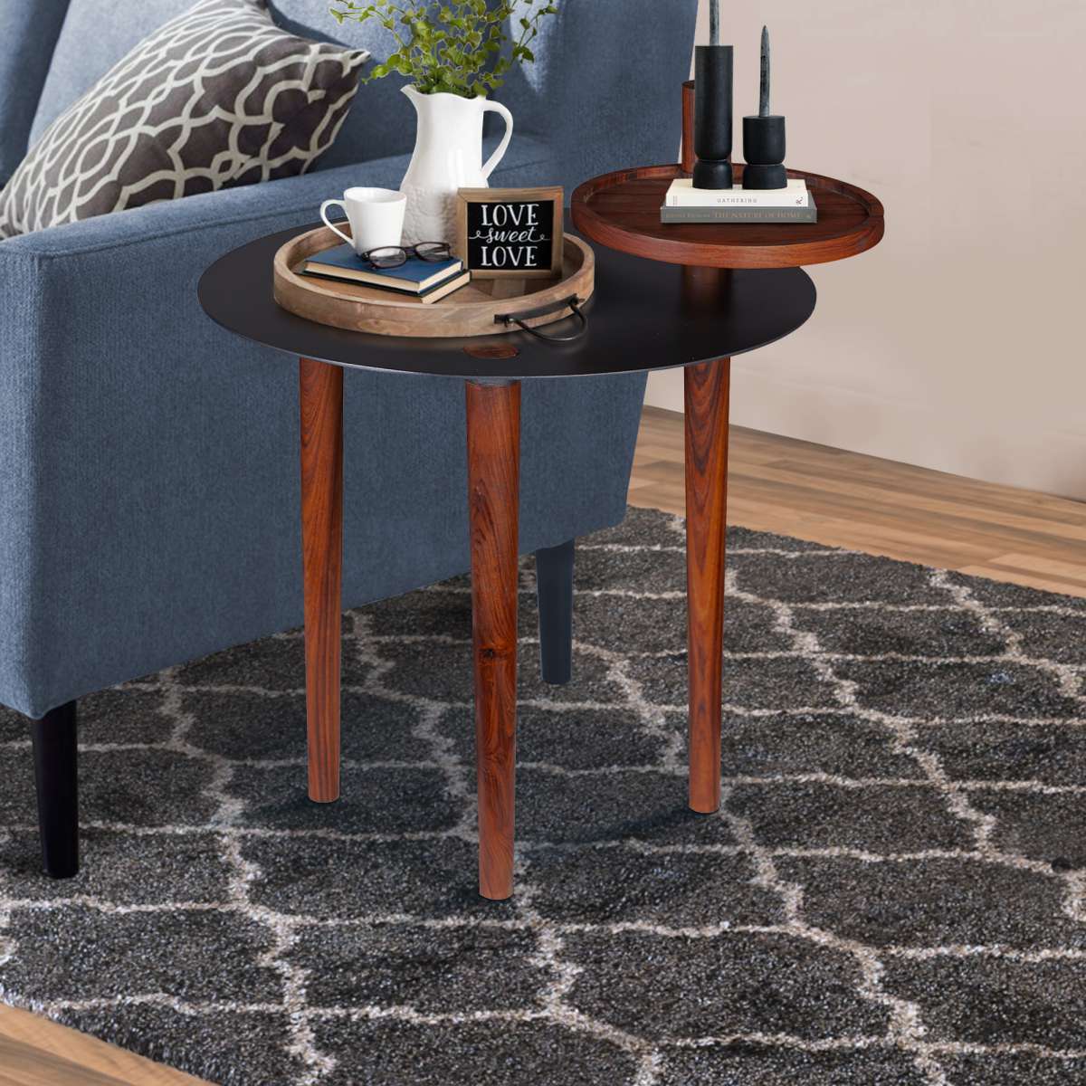 Round Metal Top Side Table With Rotatable Tray And Tripod Legs, Brown And Black By Benzara | End Tables |  Modishstore 