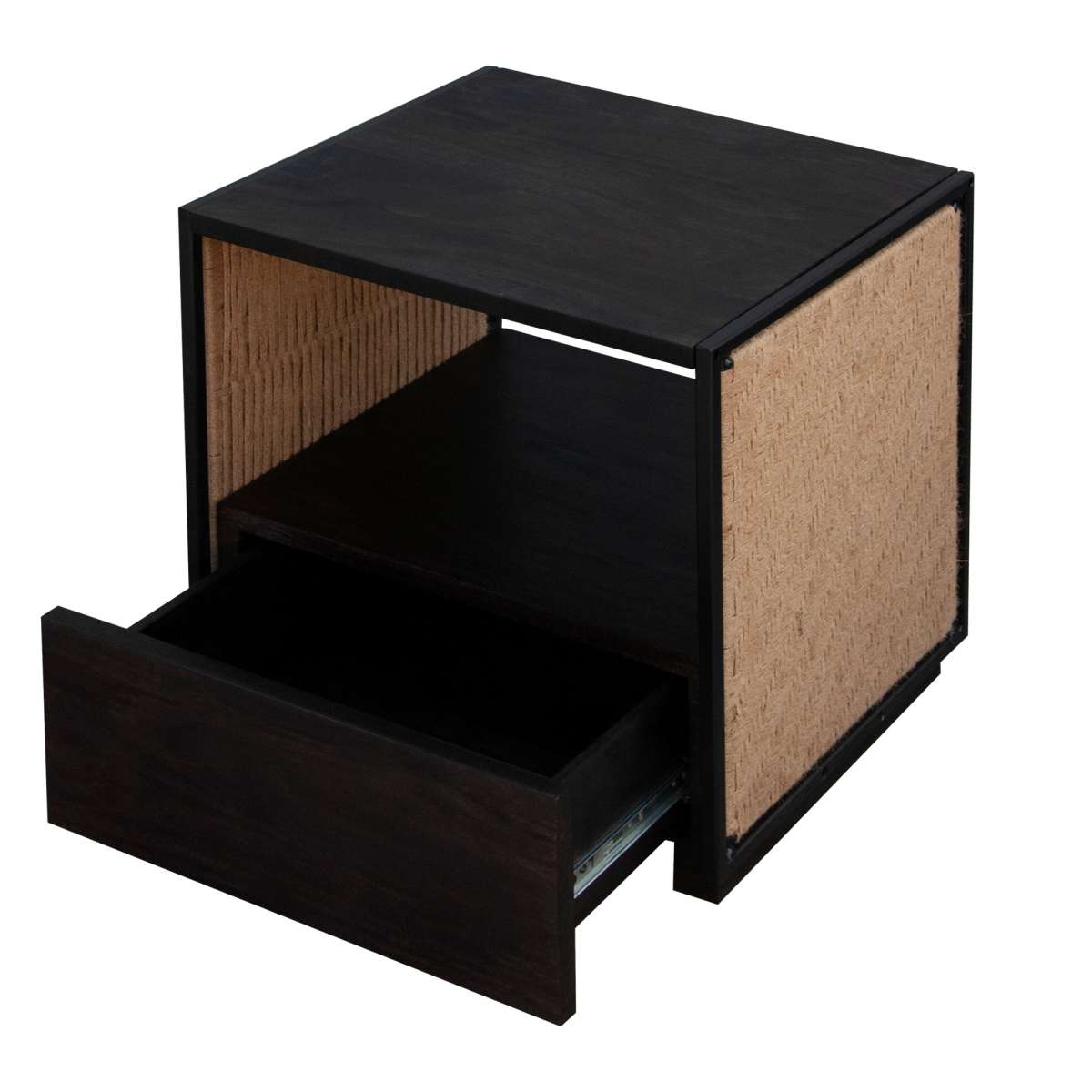 Single Drawer Solid Wood Nightstand With Open Storage And Jute Woven Side Panels, Black By Benzara | Nightstands |  Modishstore  - 8