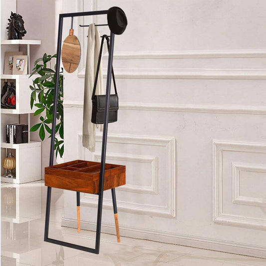 Standing Metal Coat Rack With Conjoined Mirror And 1 Drawer Desk, Brown And Black By Benzara | Coat Racks |  Modishstore 