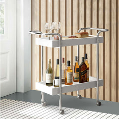 Storage Cart With 2 Tier Design And Metal Frame, White And Chrome By Benzara