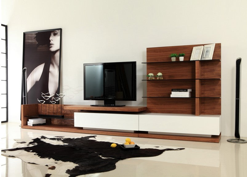 Modrest Jefferson Modern Walnut and White High Gloss TV Unit | TV Stands | Modishstore - 1