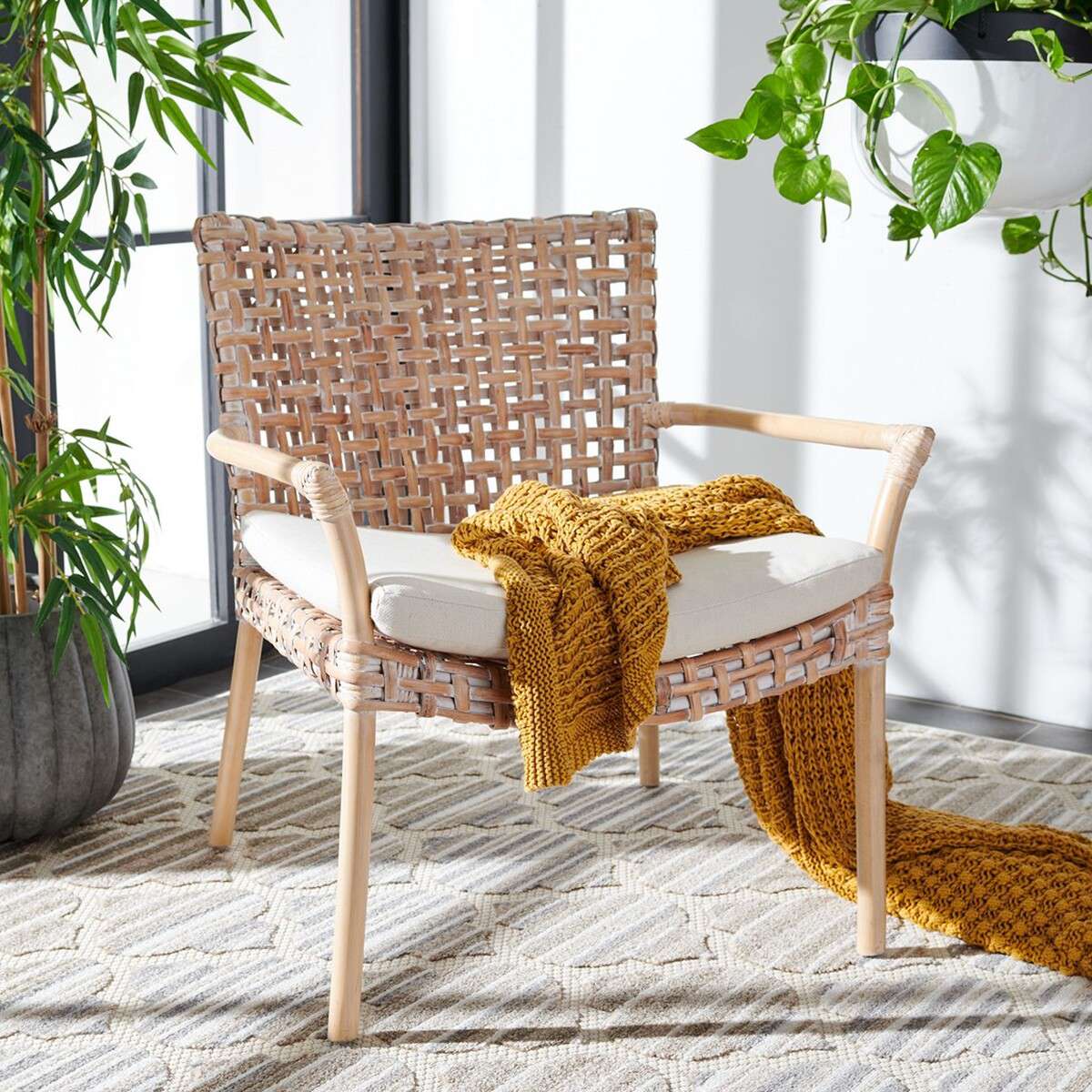 Safavieh Collette Rattan Accent Chair W/ Cushion - Natural White Wash | Accent Chairs | Modishstore