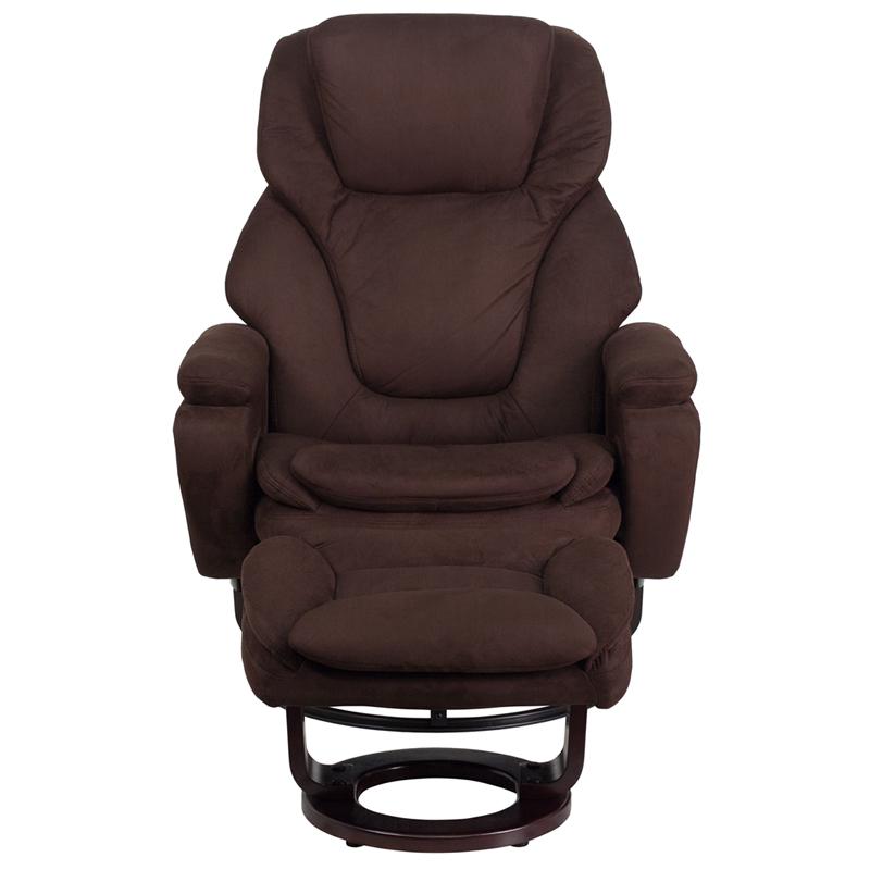 Contemporary Multi-Position Recliner And Ottoman With Swivel Mahogany Wood Base In Brown Microfiber By Flash Furniture | Recliners | Modishstore - 4