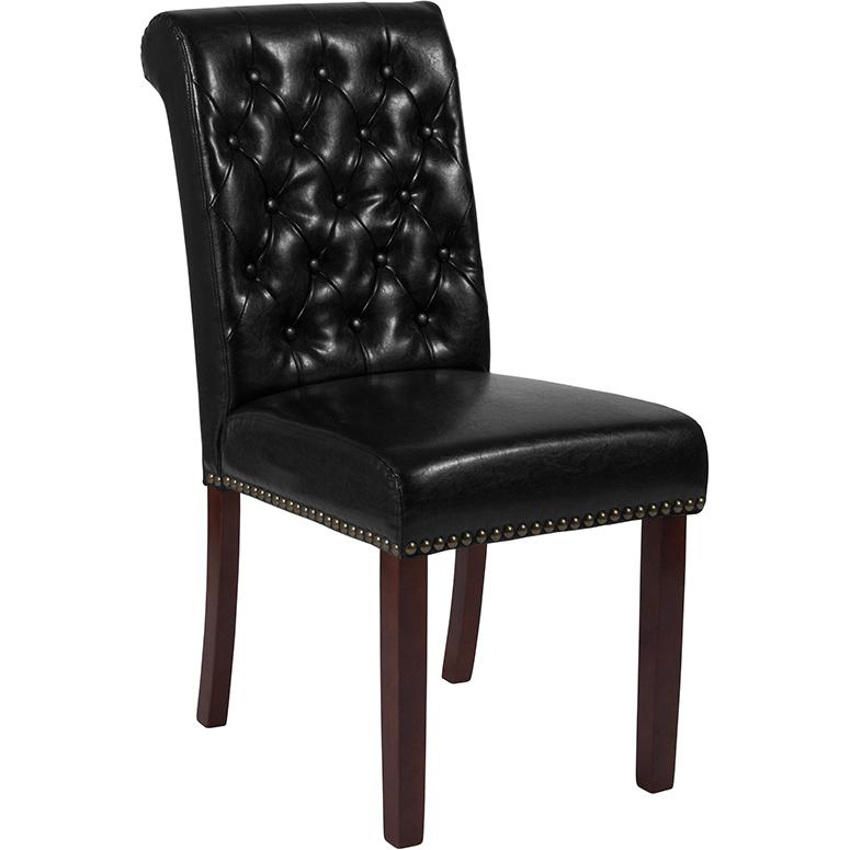 Hercules Series Black Leathersoft Parsons Chair With Rolled Back, Accent Nail Trim And Walnut Finish By Flash Furniture | Dining Chairs | Modishstore - 1