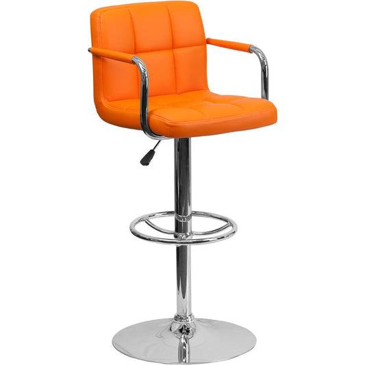 Contemporary Orange Quilted Vinyl Adjustable Height Barstool With Arms And Chrome Base By Flash Furniture | Bar Stools | Modishstore