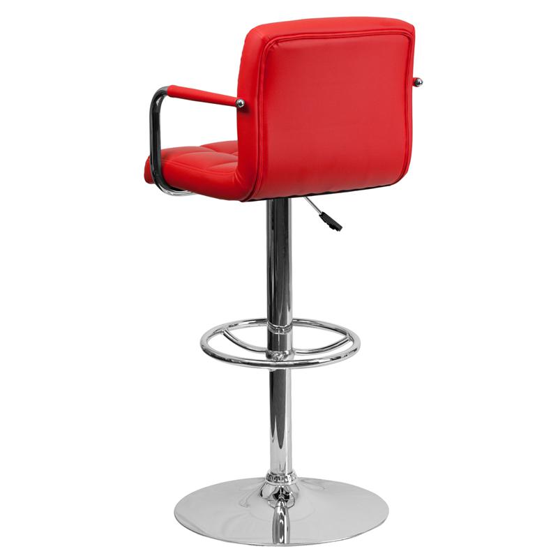 Contemporary Red Quilted Vinyl Adjustable Height Barstool With Arms And Chrome Base By Flash Furniture | Bar Stools | Modishstore - 3