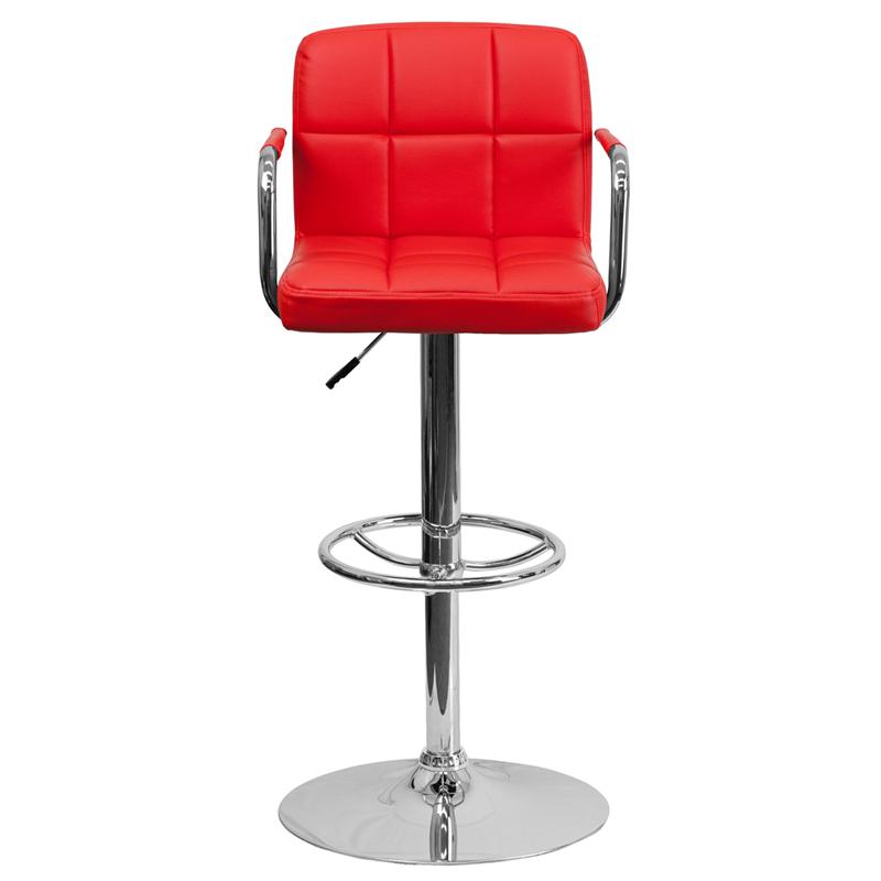 Contemporary Red Quilted Vinyl Adjustable Height Barstool With Arms And Chrome Base By Flash Furniture | Bar Stools | Modishstore - 4