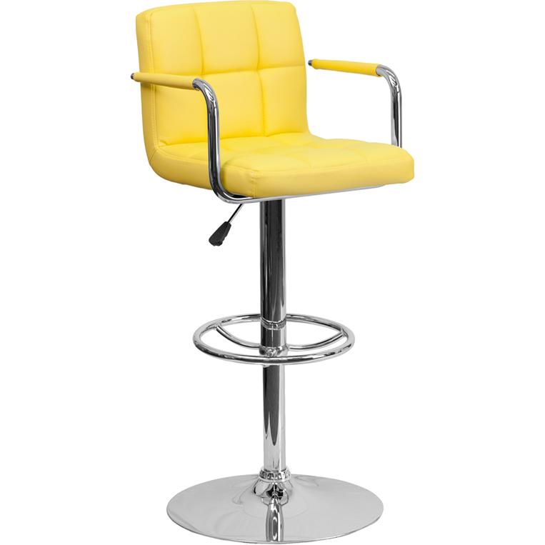 Contemporary Yellow Quilted Vinyl Adjustable Height Barstool With Arms And Chrome Base By Flash Furniture | Bar Stools | Modishstore - 1