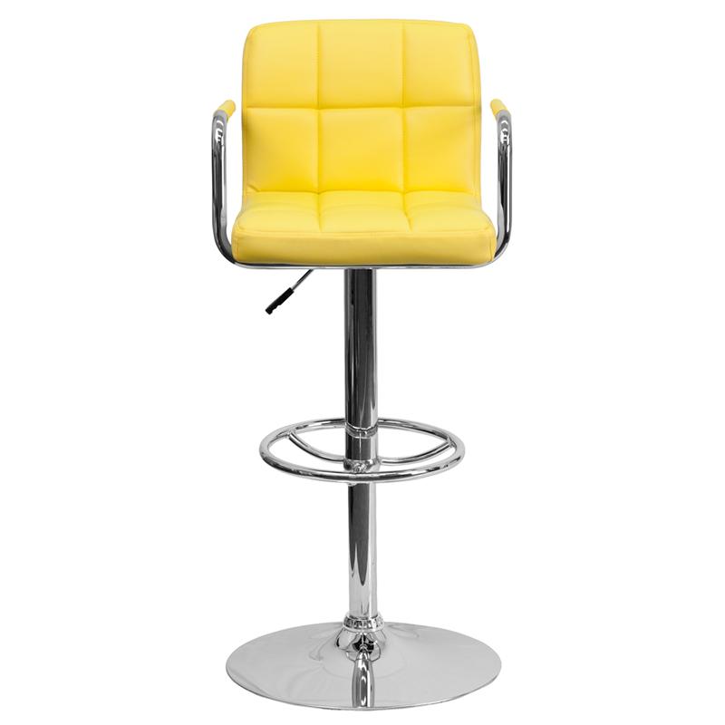 Contemporary Yellow Quilted Vinyl Adjustable Height Barstool With Arms And Chrome Base By Flash Furniture | Bar Stools | Modishstore - 4