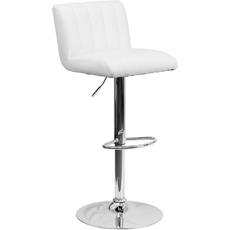 Contemporary White Vinyl Adjustable Height Barstool With Vertical Stitch Back/Seat And Chrome Base By Flash Furniture | Bar Stools | Modishstore - 1