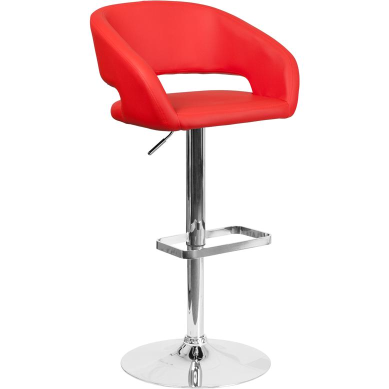 Contemporary Red Vinyl Adjustable Height Barstool With Rounded Mid-Back And Chrome Base By Flash Furniture | Bar Stools | Modishstore - 1