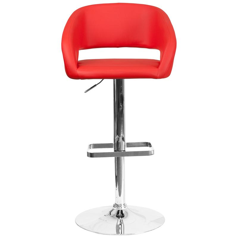 Contemporary Red Vinyl Adjustable Height Barstool With Rounded Mid-Back And Chrome Base By Flash Furniture | Bar Stools | Modishstore - 4