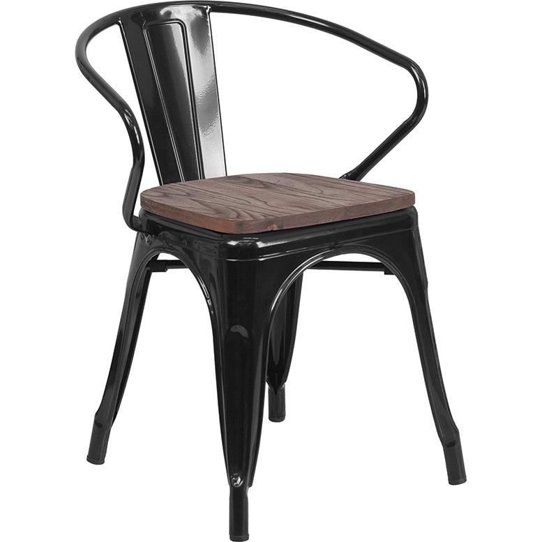 Black Metal Chair With Wood Seat And Arms By Flash Furniture | Dining Chairs | Modishstore - 1