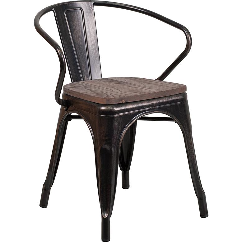 Black-Antique Gold Metal Chair With Wood Seat And Arms By Flash Furniture | Dining Chairs | Modishstore - 1