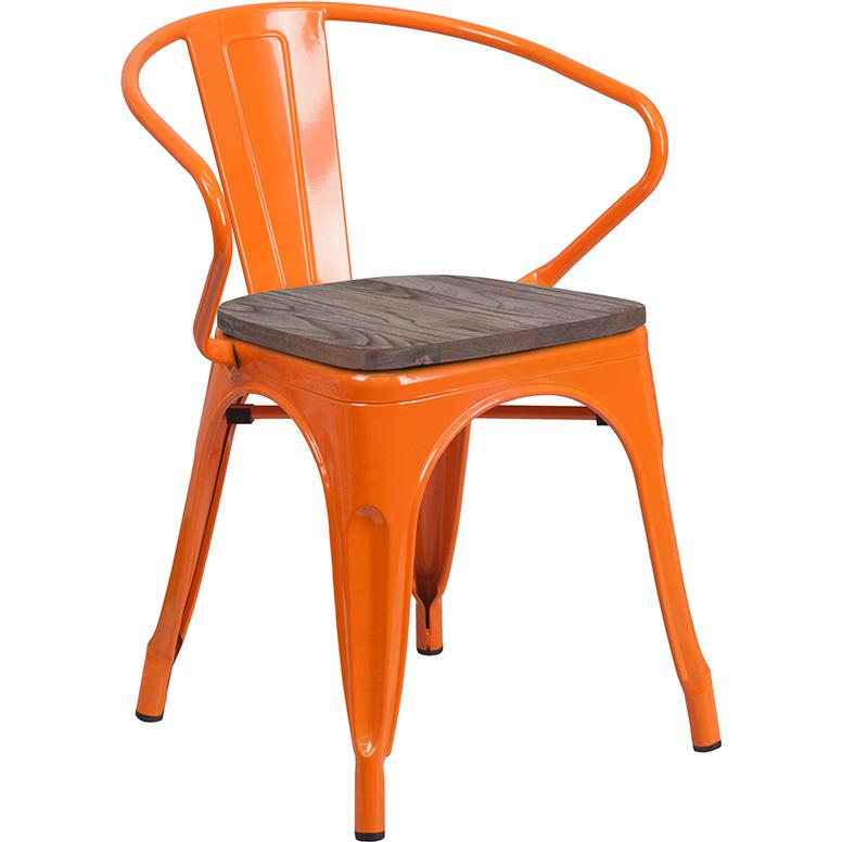 Orange Metal Chair With Wood Seat And Arms By Flash Furniture | Dining Chairs | Modishstore - 1