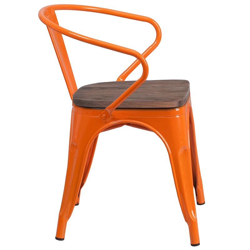 Orange Metal Chair With Wood Seat And Arms By Flash Furniture | Dining Chairs | Modishstore - 2