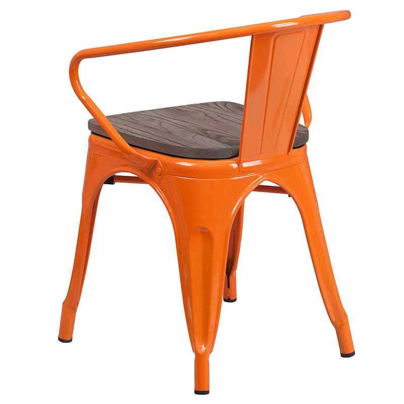 Orange Metal Chair With Wood Seat And Arms By Flash Furniture | Dining Chairs | Modishstore - 3