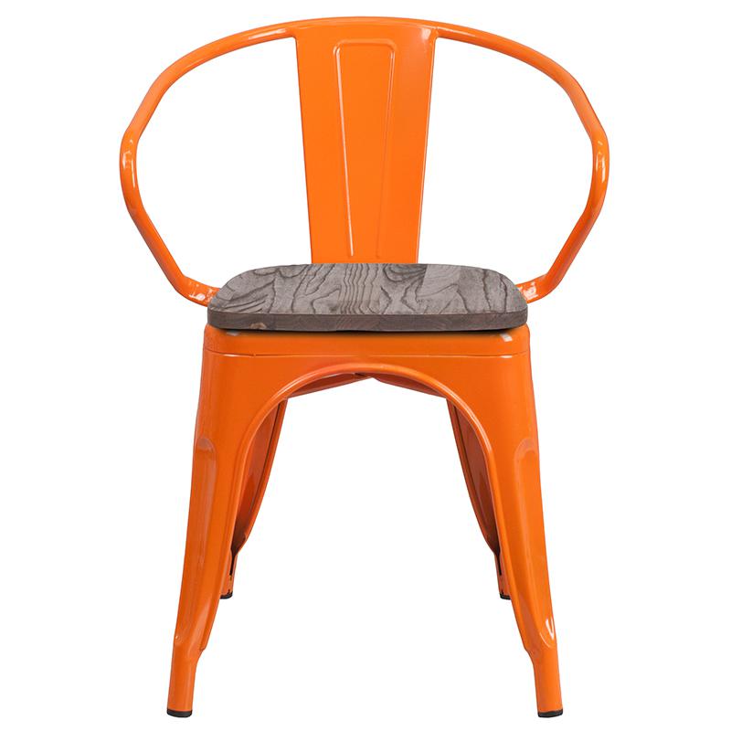 Orange Metal Chair With Wood Seat And Arms By Flash Furniture | Dining Chairs | Modishstore - 4