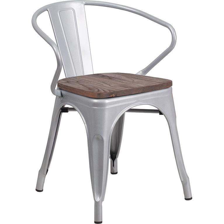 Silver Metal Chair With Wood Seat And Arms By Flash Furniture | Dining Chairs | Modishstore - 1