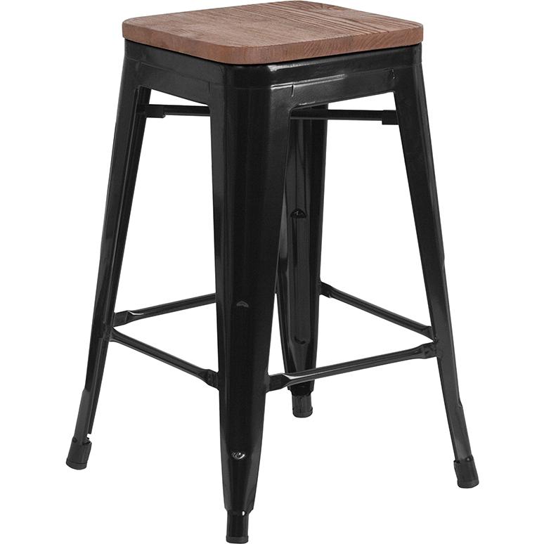 24" High Backless Black Metal Counter Height Stool With Square Wood Seat By Flash Furniture | Bar Stools | Modishstore - 1