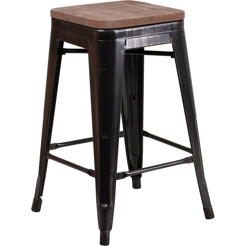 24" High Backless Black-Antique Gold Metal Counter Height Stool With Square Wood Seat By Flash Furniture | Bar Stools | Modishstore - 1