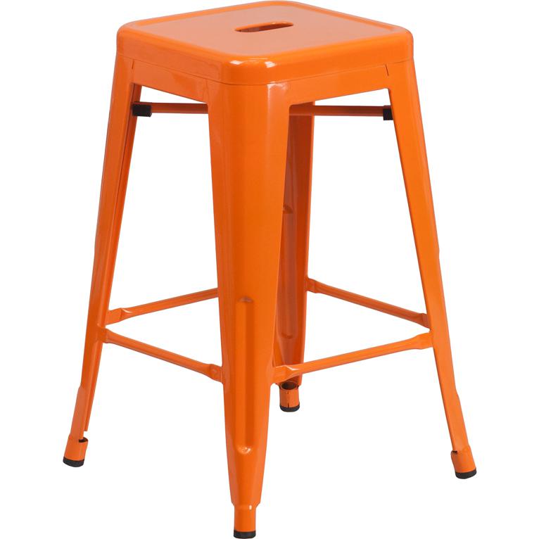 Commercial Grade 24" High Backless Orange Metal Indoor-Outdoor Counter Height Stool With Square Seat By Flash Furniture | Bar Stools | Modishstore - 1