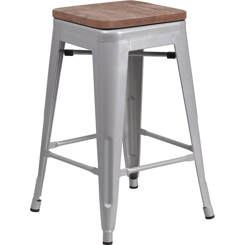 24" High Backless Silver Metal Counter Height Stool With Square Wood Seat By Flash Furniture | Bar Stools | Modishstore - 1