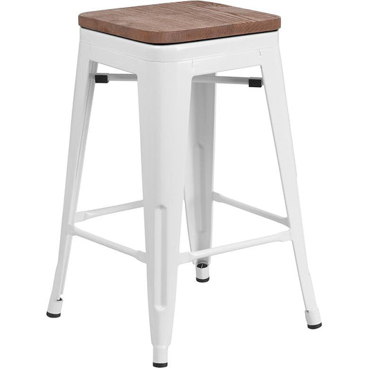 24" High Backless White Metal Counter Height Stool With Square Wood Seat By Flash Furniture | Bar Stools | Modishstore