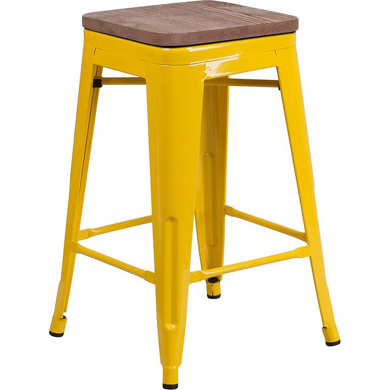 24" High Backless Yellow Metal Counter Height Stool With Square Wood Seat By Flash Furniture | Bar Stools | Modishstore - 1