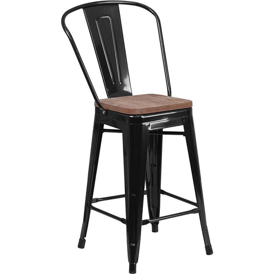 24" High Black Metal Counter Height Stool With Back And Wood Seat By Flash Furniture | Bar Stools | Modishstore - 1