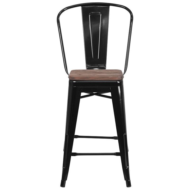 24" High Black Metal Counter Height Stool With Back And Wood Seat By Flash Furniture | Bar Stools | Modishstore - 4