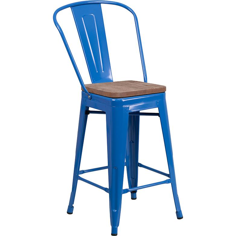 24" High Blue Metal Counter Height Stool With Back And Wood Seat By Flash Furniture | Bar Stools | Modishstore - 1