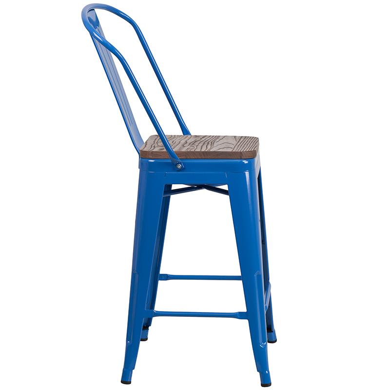 24" High Blue Metal Counter Height Stool With Back And Wood Seat By Flash Furniture | Bar Stools | Modishstore - 2