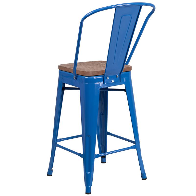 24" High Blue Metal Counter Height Stool With Back And Wood Seat By Flash Furniture | Bar Stools | Modishstore - 3