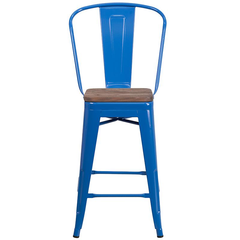 24" High Blue Metal Counter Height Stool With Back And Wood Seat By Flash Furniture | Bar Stools | Modishstore - 4