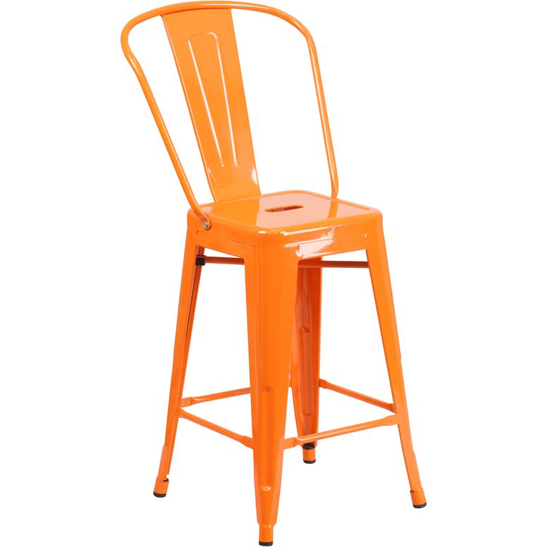 Commercial Grade 24" High Orange Metal Indoor-Outdoor Counter Height Stool With Removable Back By Flash Furniture | Dining Chairs | Modishstore - 1