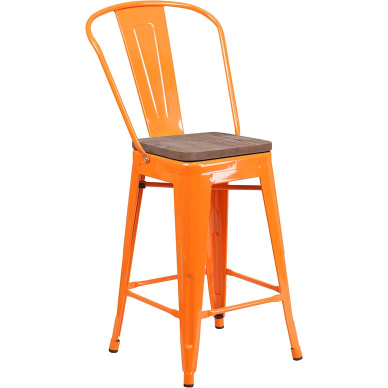 24" High Orange Metal Counter Height Stool With Back And Wood Seat By Flash Furniture | Bar Stools | Modishstore - 1