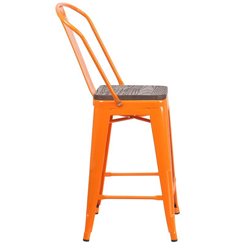 24" High Orange Metal Counter Height Stool With Back And Wood Seat By Flash Furniture | Bar Stools | Modishstore - 2