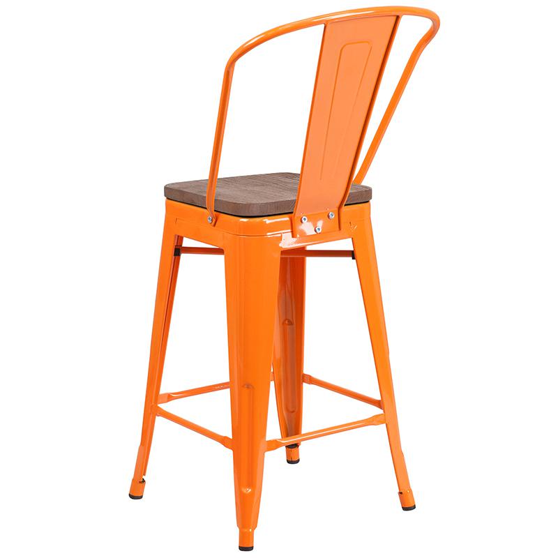 24" High Orange Metal Counter Height Stool With Back And Wood Seat By Flash Furniture | Bar Stools | Modishstore - 3